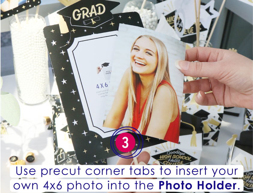 3. Use precut corner tabs to insert your own 4x6 photo into the Photo Holder